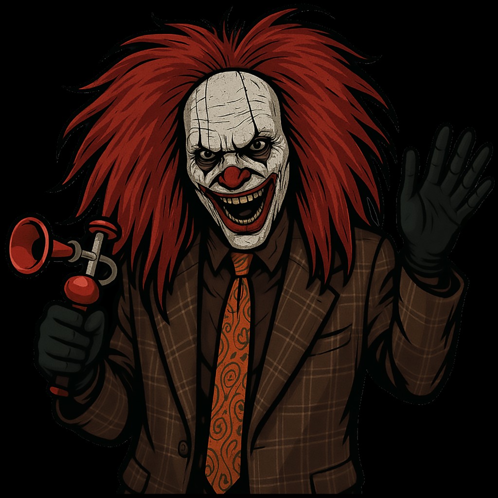 Bucko the clown waving a horn