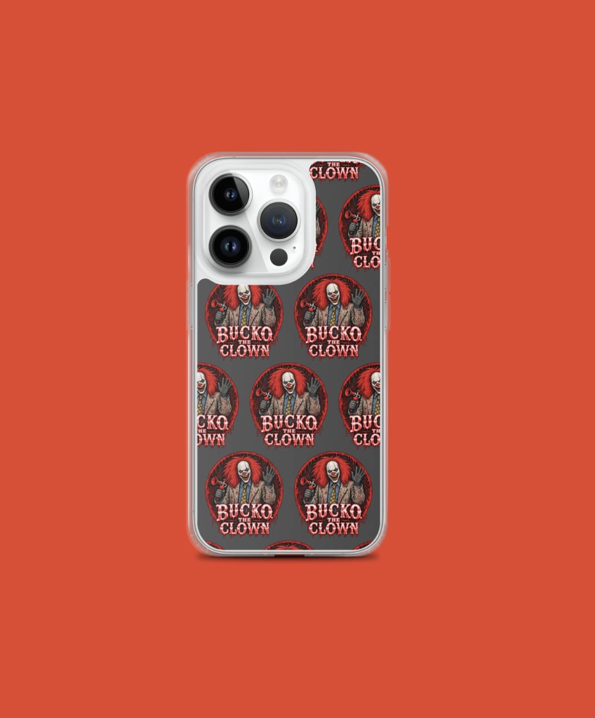 Bucko iPhone case, repeating circular clown logos on a dark back, terracotta background