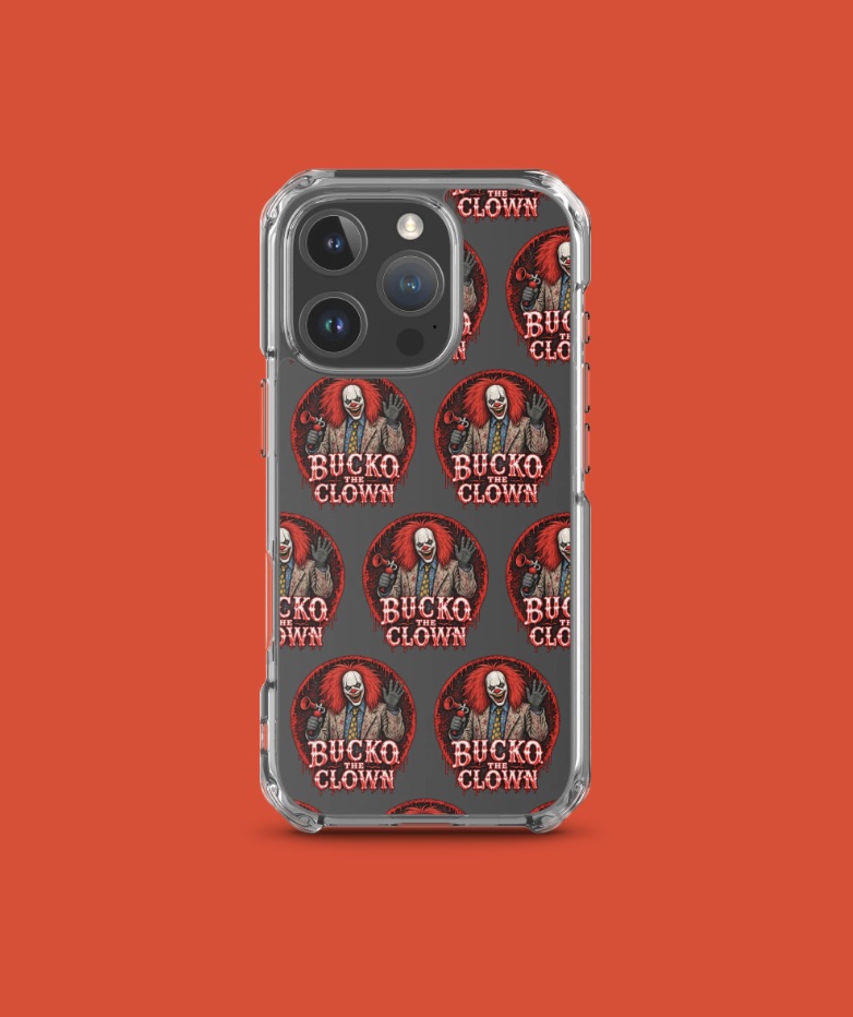 Bucko iPhone case, all-over print with Bucko the Clown emblems