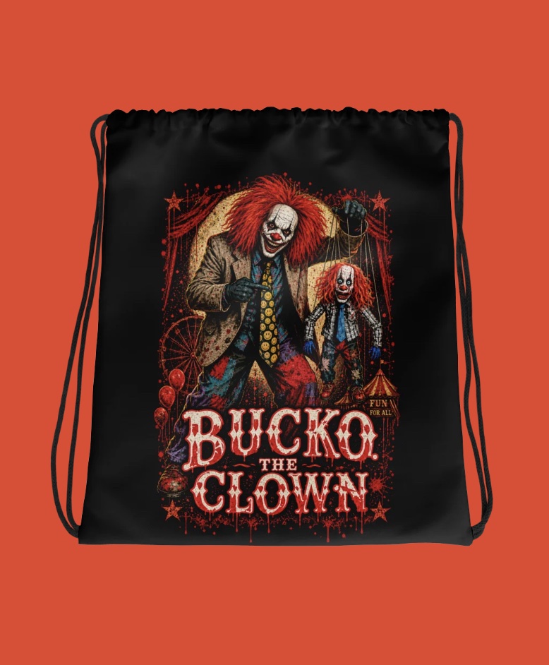 Black Bucko drawstring bag, circus poster graphic of Bucko with a puppet