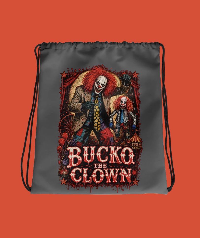 Grey Bucko drawstring bag, circus poster graphic of Bucko with a puppet
