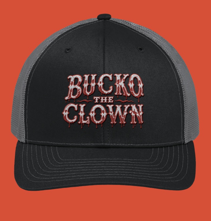 Bucko trucker hat, black front and grey mesh, dripping wordmark