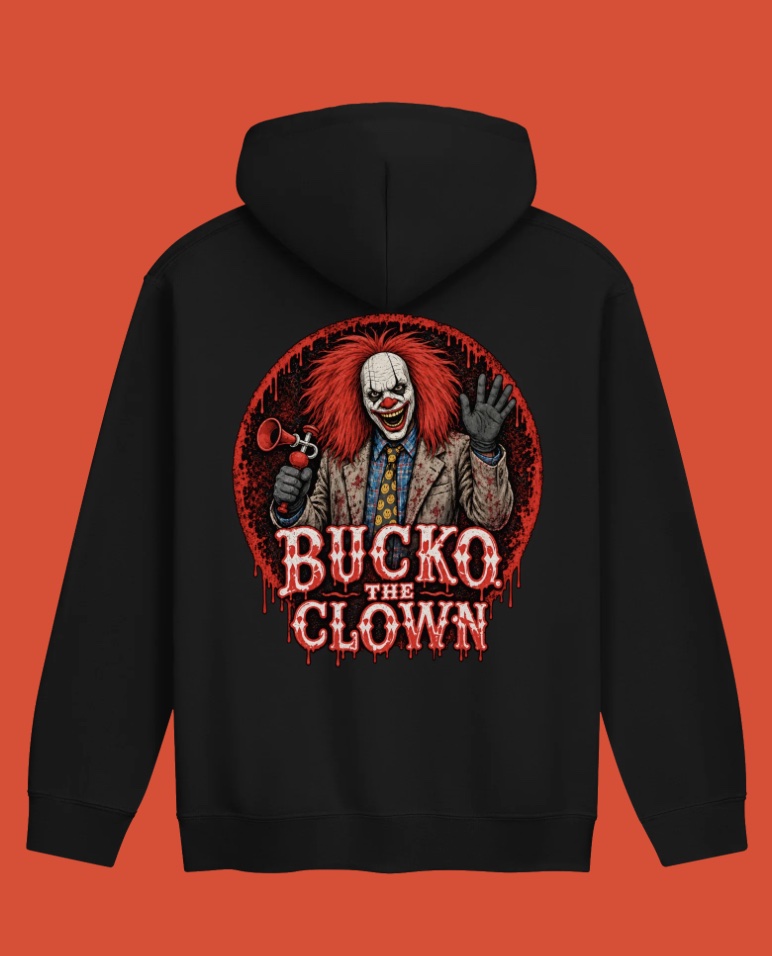 Black Bucko hoodie, back with large circular clown graphic