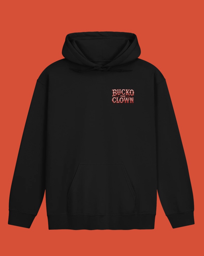 Black Bucko hoodie, front with small chest wordmark
