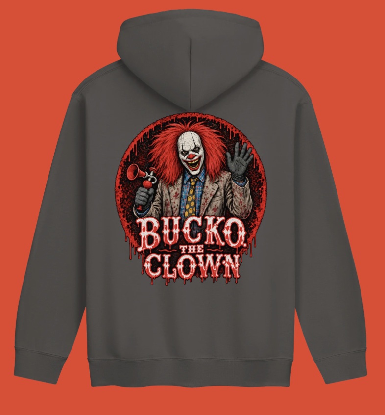 Grey Bucko hoodie, back with large circular clown graphic