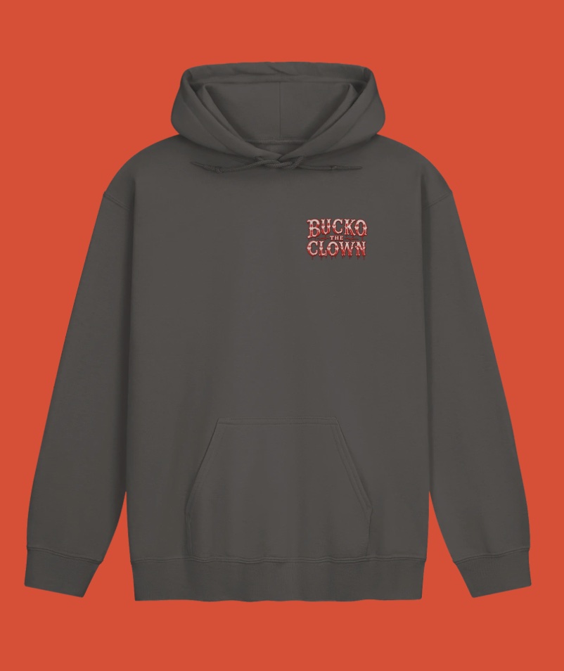 Grey Bucko hoodie, front with small chest wordmark