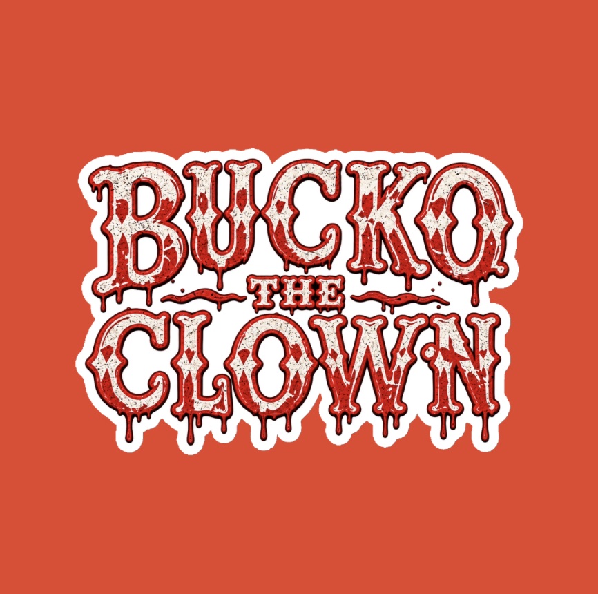 Magnet design B, stacked Bucko The Clown wordmark with harlequin letters and drips
