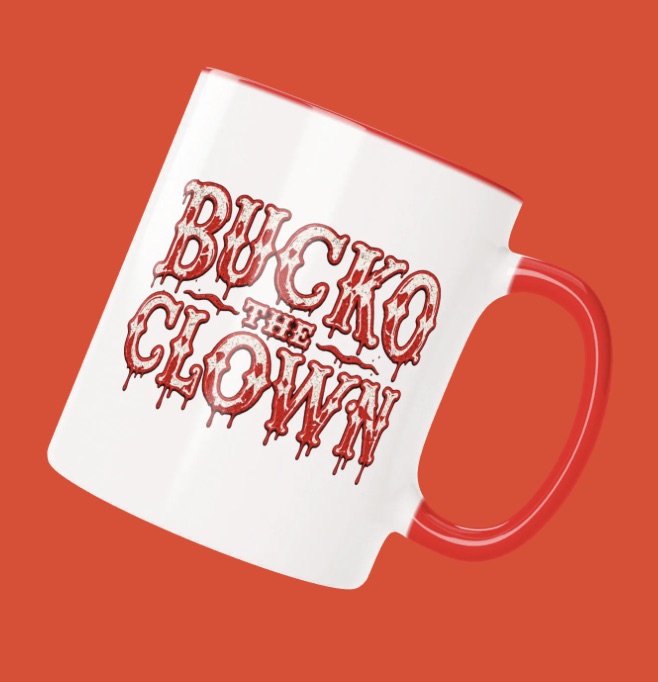 Bucko white mug, red handle and rim, dripping Bucko the Clown wordmark