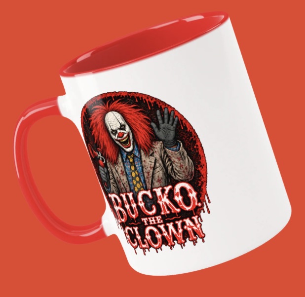 Bucko white mug, red interior and handle, circular Bucko clown graphic