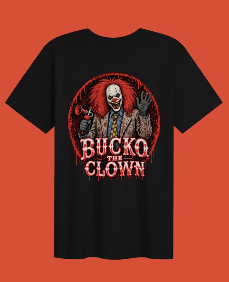 Black Bucko t-shirt, back with large circular graphic