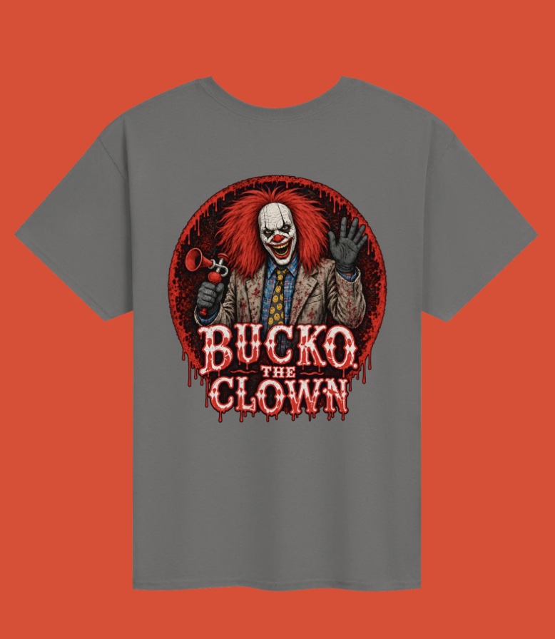 Grey Bucko t-shirt, back with large circular clown graphic