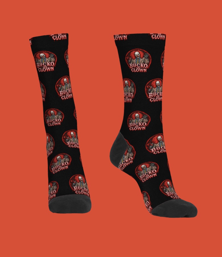 Black Bucko crew socks, all-over print with Bucko the Clown emblems