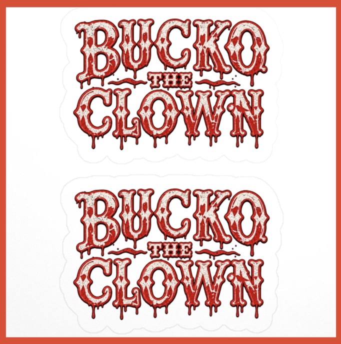 Two die-cut Bucko the Clown logo stickers stacked on white